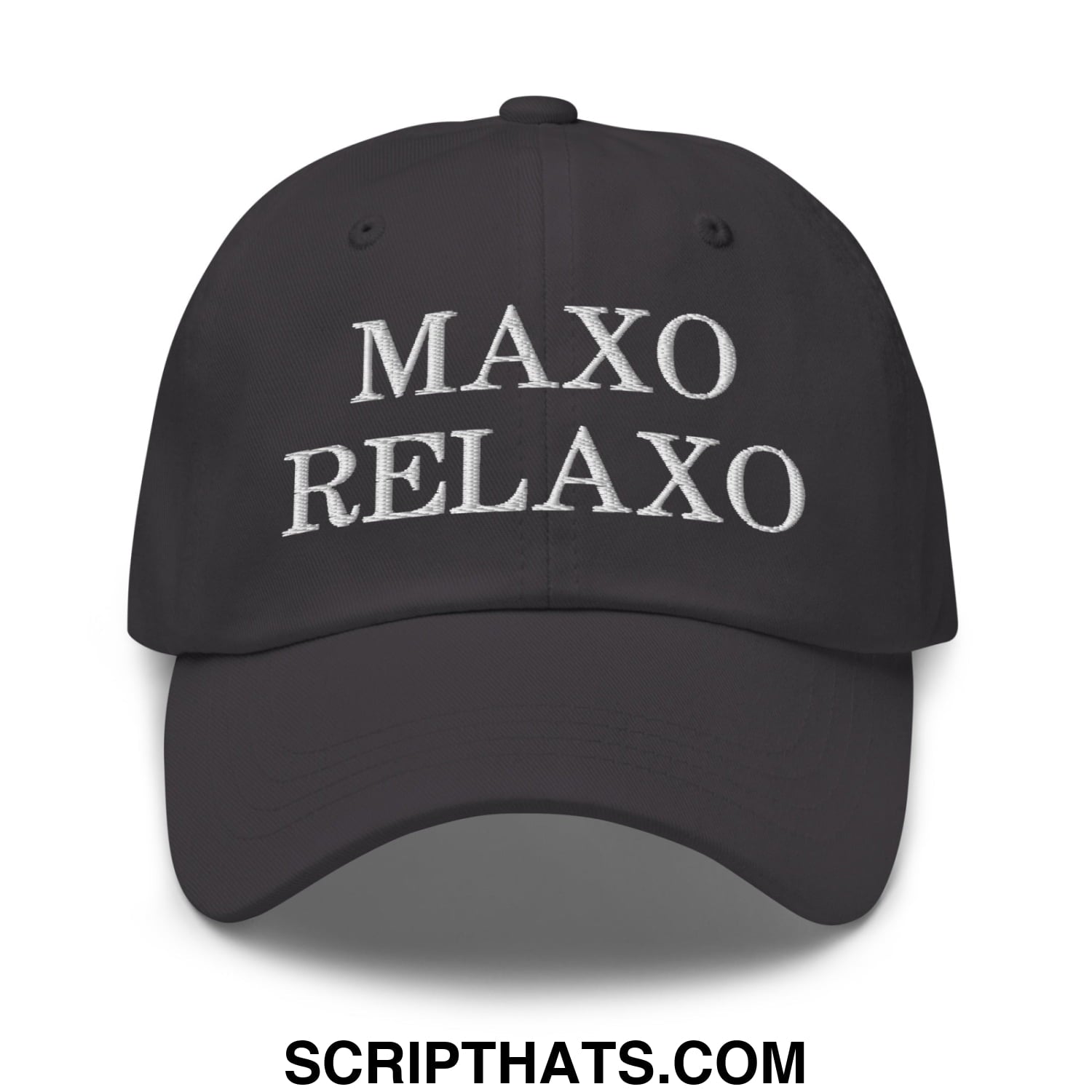 Black unstructured dad hat with white embroidered maxo relaxo text on the front panel