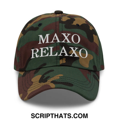 A camouflage maxo relaxo embroidered unstructured dad hat with white thread across the front for casual wear