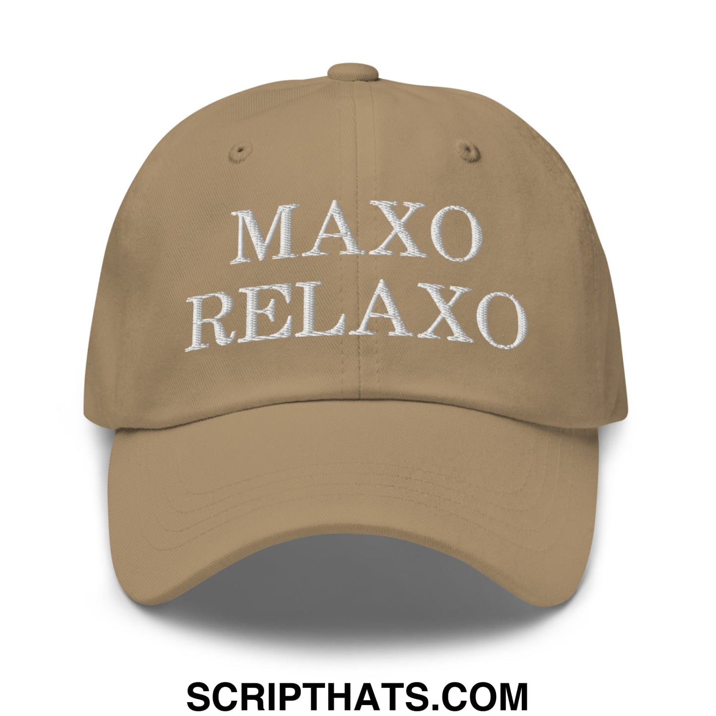 Tan maxo relaxo embroidered unstructured dad hat with white text on the front made of soft cotton material