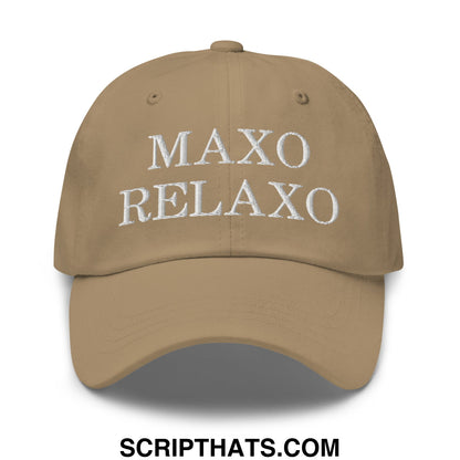 Tan maxo relaxo embroidered unstructured dad hat with white text on the front made of soft cotton material
