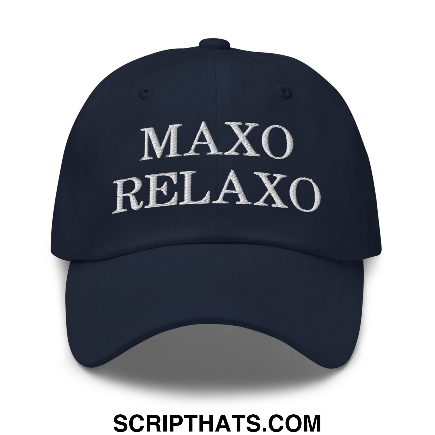 A navy blue unstructured dad hat with maxo relaxo embroidered in white thread across the front
