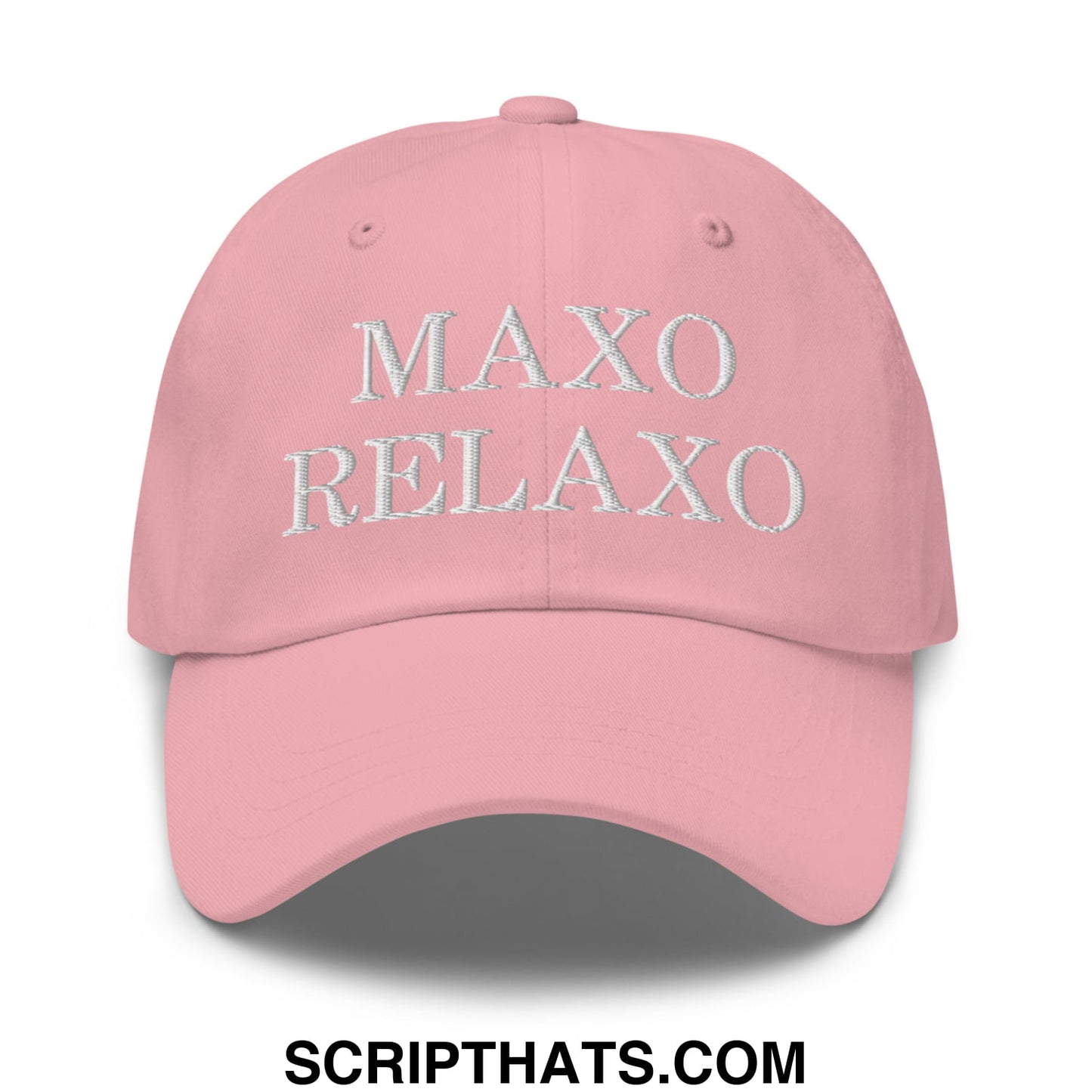 A soft pink unstructured dad hat with maxo relaxo embroidered in silver thread across the front