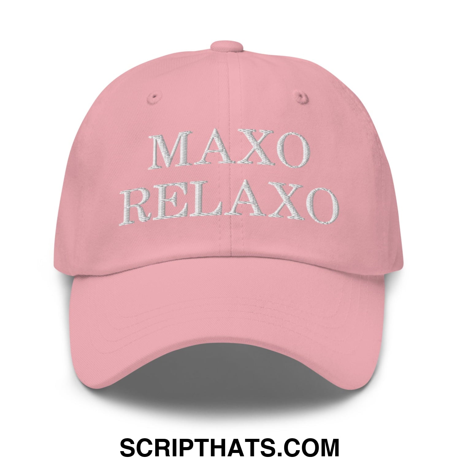 A soft pink unstructured dad hat with maxo relaxo embroidered in silver thread across the front