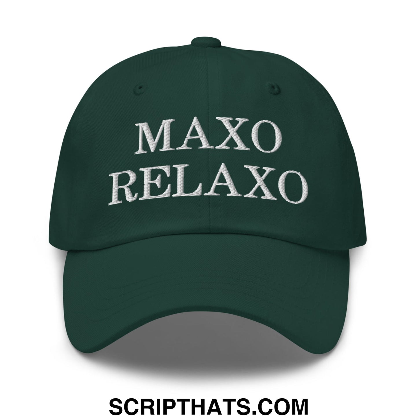 Dark green unstructured dad hat with white embroidered maxo relaxo text designed for casual wear