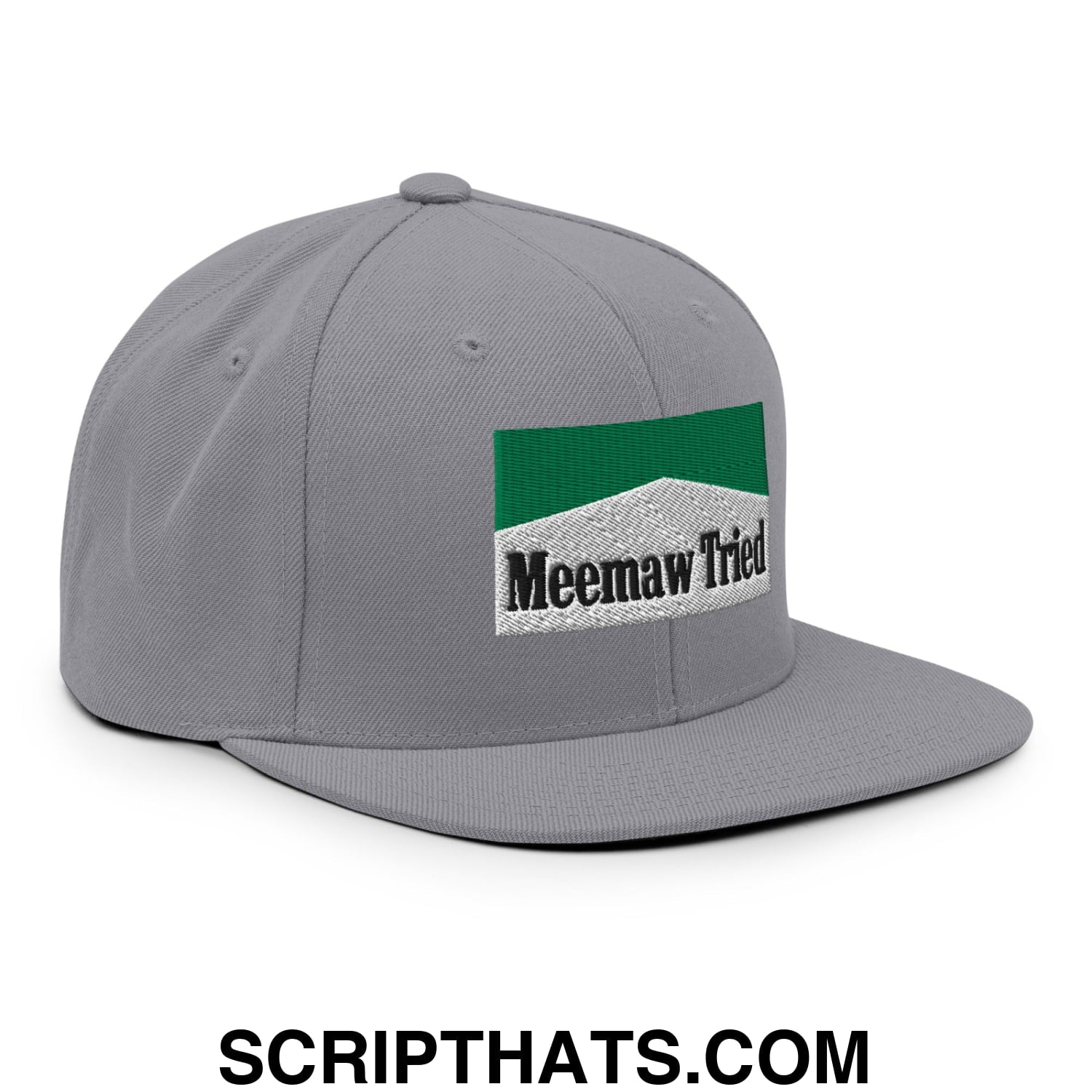 Meemaw Tried Cigarette Menthol Green Embroidered Flat Bill Brim Snapback Hat Silver