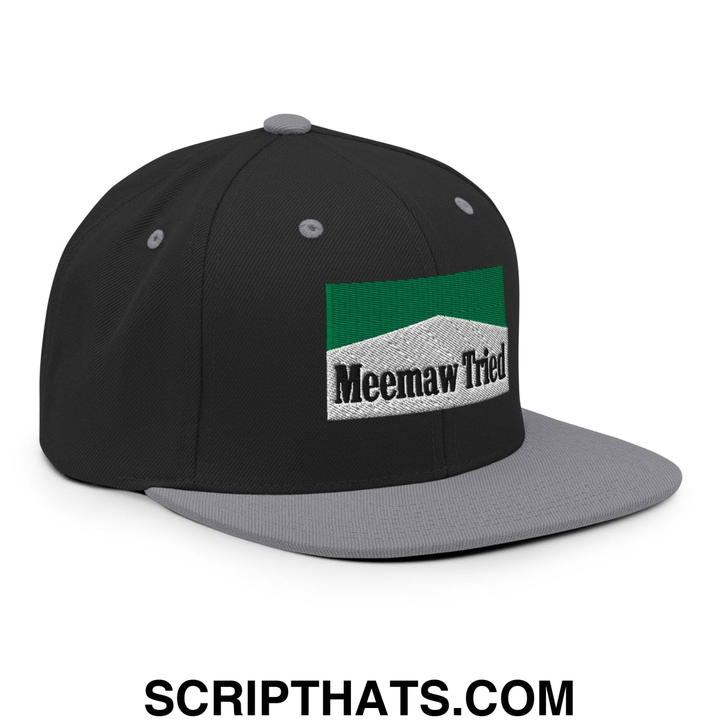 Meemaw Tried Cigarette Menthol Green Embroidered Flat Bill Brim Snapback Hat Black Silver