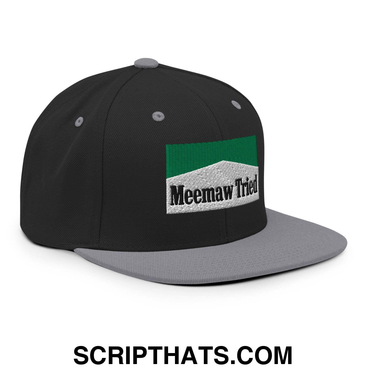 Meemaw Tried Cigarette Menthol Green Embroidered Flat Bill Brim Snapback Hat Black Silver