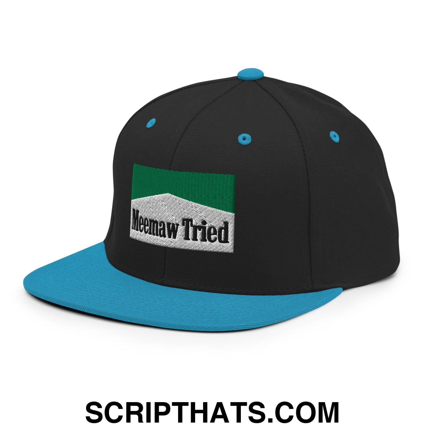 Meemaw Tried Cigarette Menthol Green Embroidered Flat Bill Brim Snapback Hat Black Teal