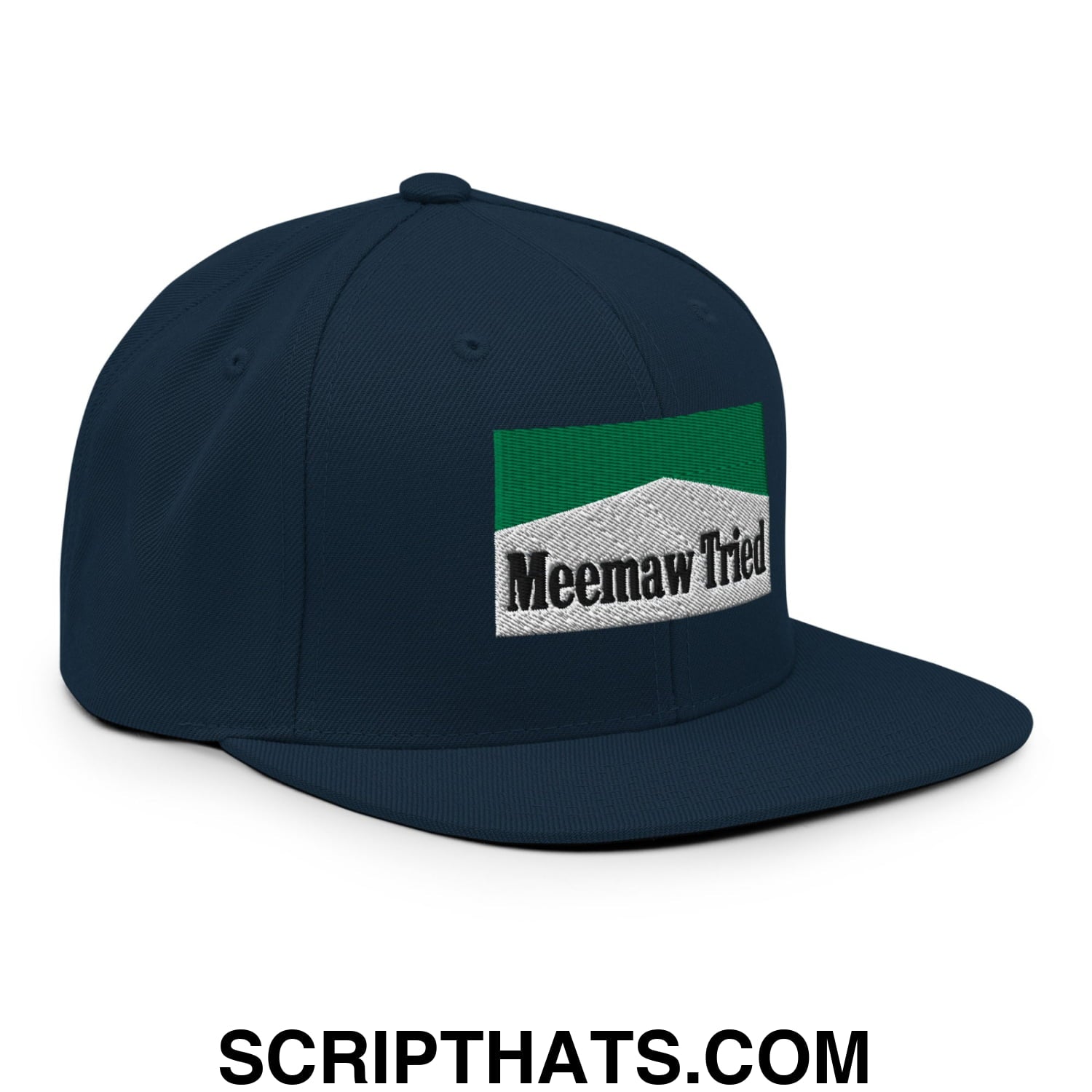 Meemaw Tried Cigarette Menthol Green Embroidered Flat Bill Brim Snapback Hat Dark Navy