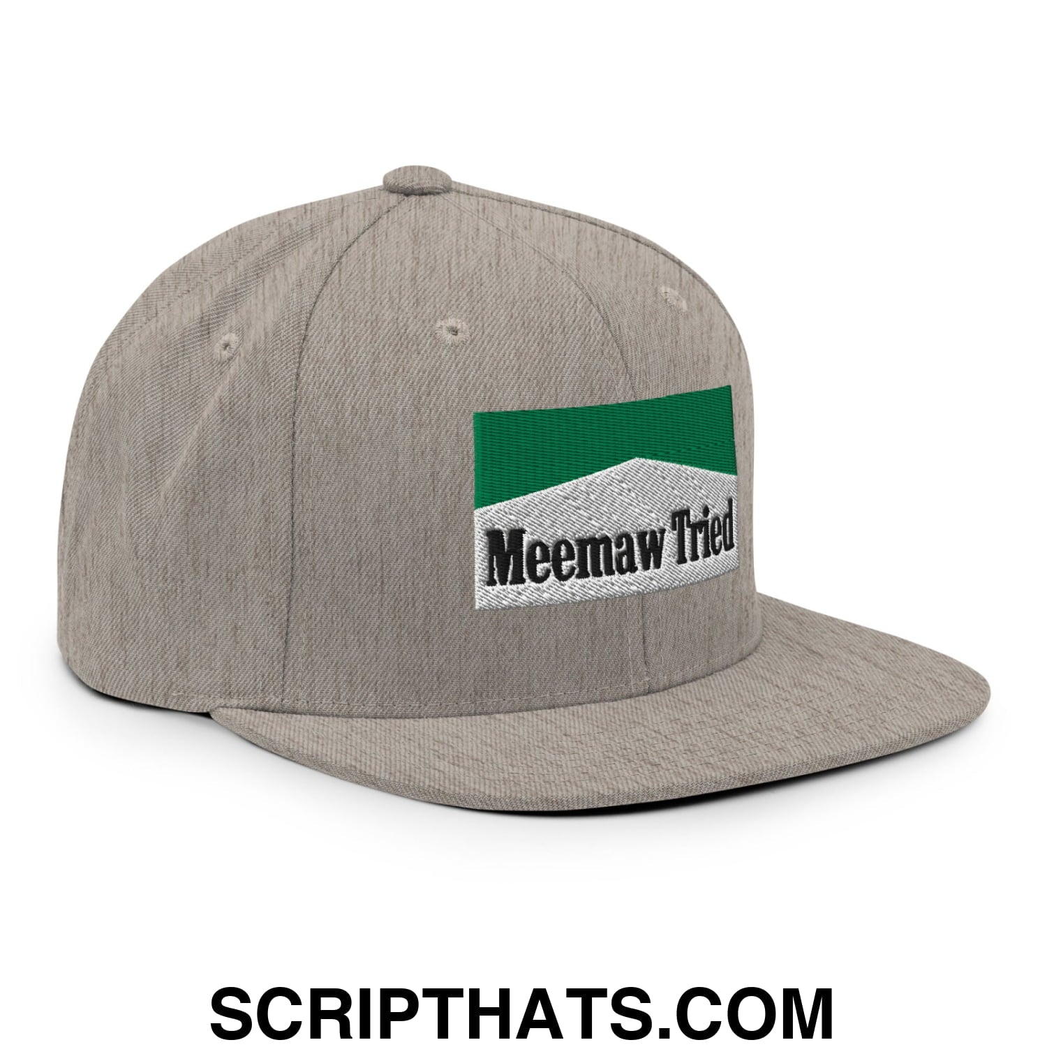 Meemaw Tried Cigarette Menthol Green Embroidered Flat Bill Brim Snapback Hat Heather Grey