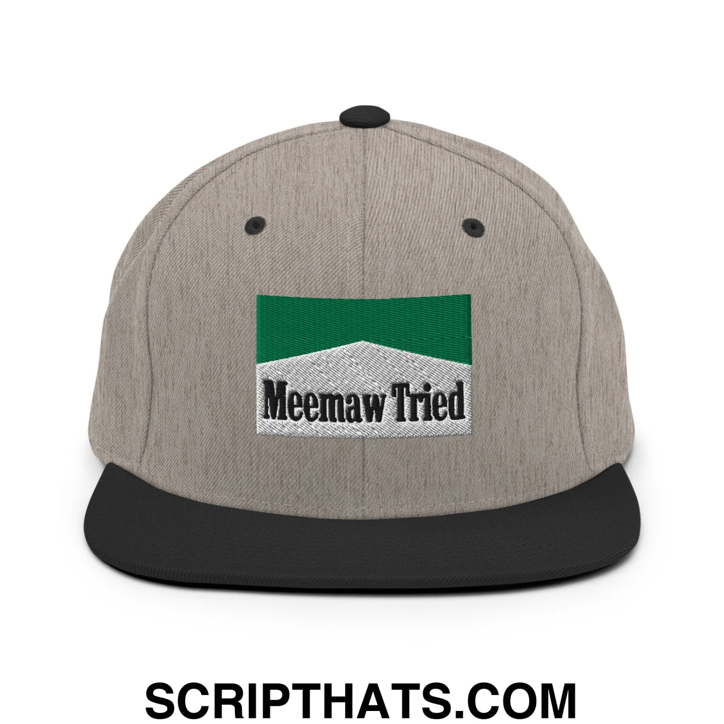 Meemaw Tried Cigarette Menthol Green Embroidered Flat Bill Brim Snapback Hat Heather Black