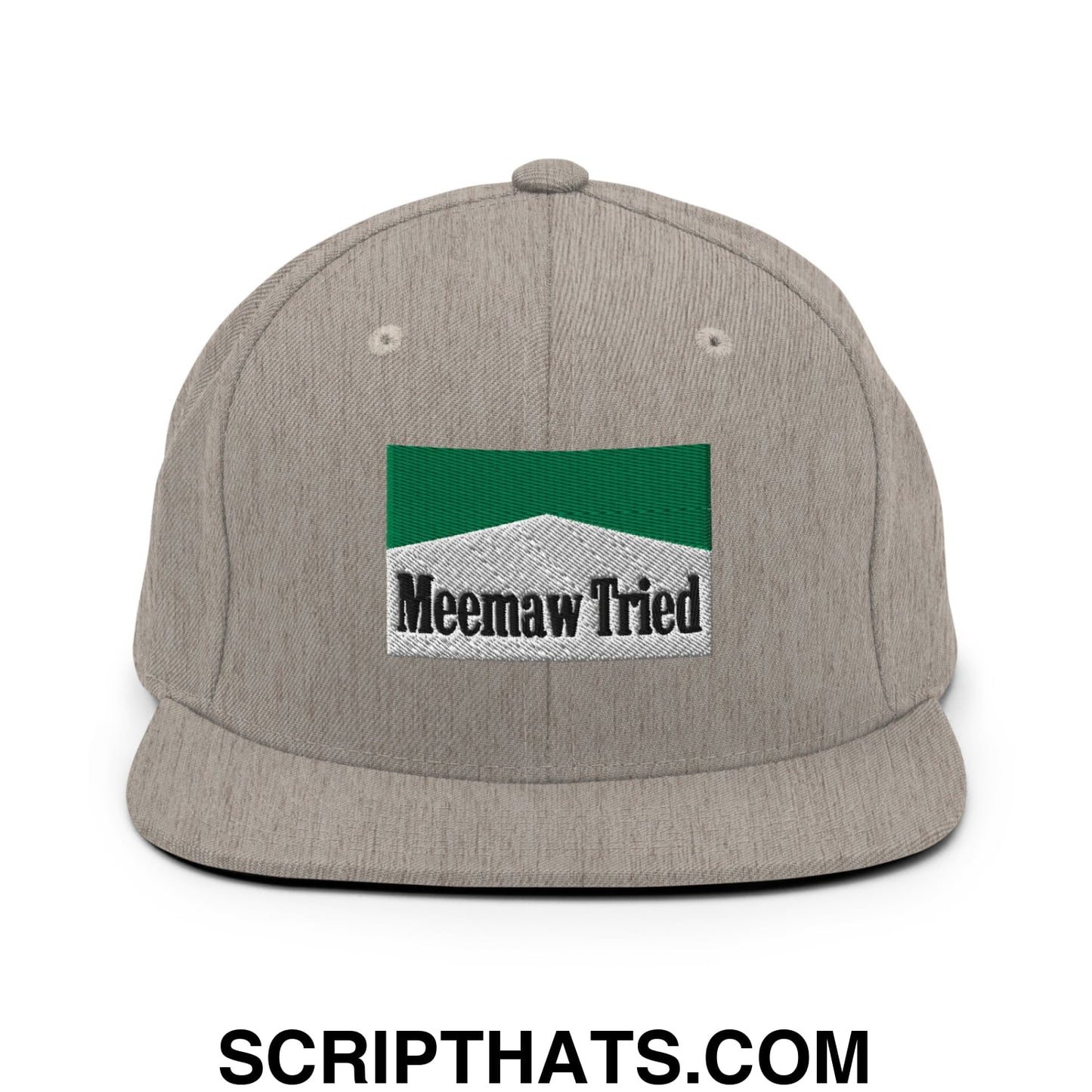 Meemaw Tried Cigarette Menthol Green Embroidered Flat Bill Brim Snapback Hat Heather Grey