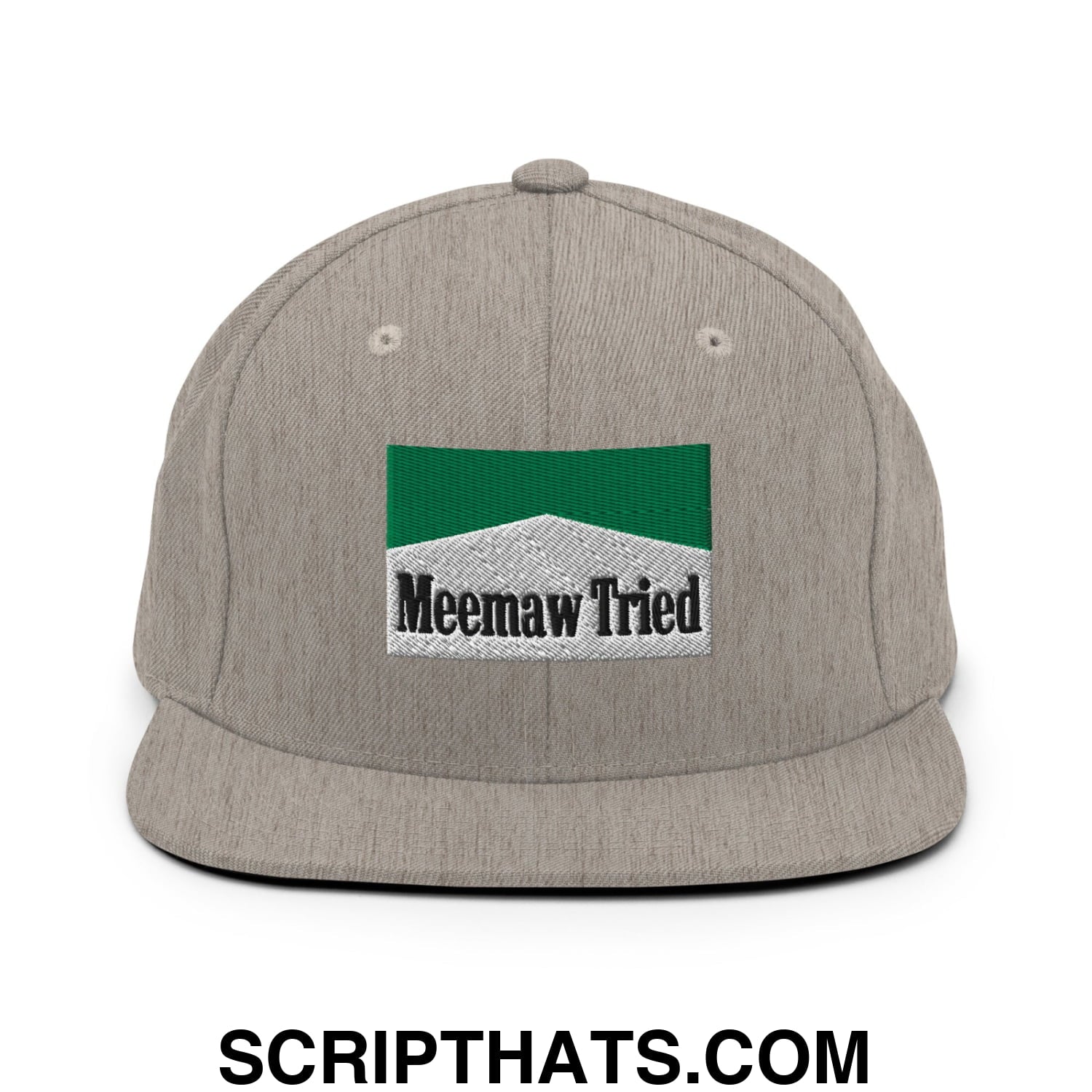 Meemaw Tried Cigarette Menthol Green Embroidered Flat Bill Brim Snapback Hat Heather Grey