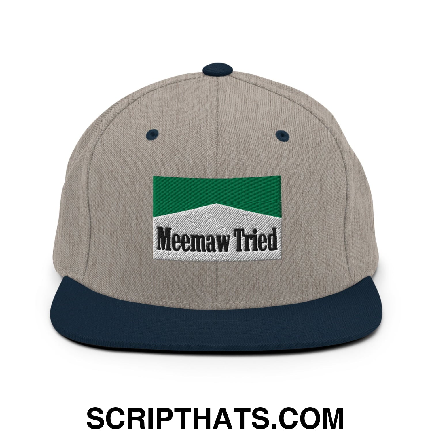 Meemaw Tried Cigarette Menthol Green Embroidered Flat Bill Brim Snapback Hat Heather Grey Navy
