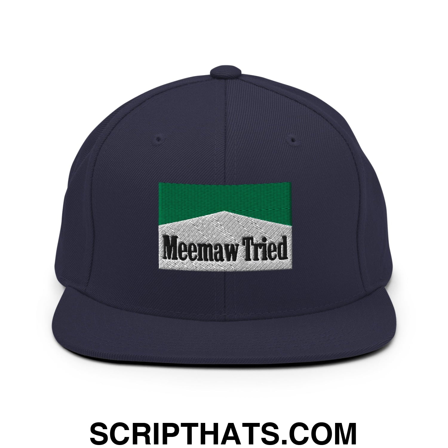 Meemaw Tried Cigarette Menthol Green Embroidered Flat Bill Brim Snapback Hat Navy