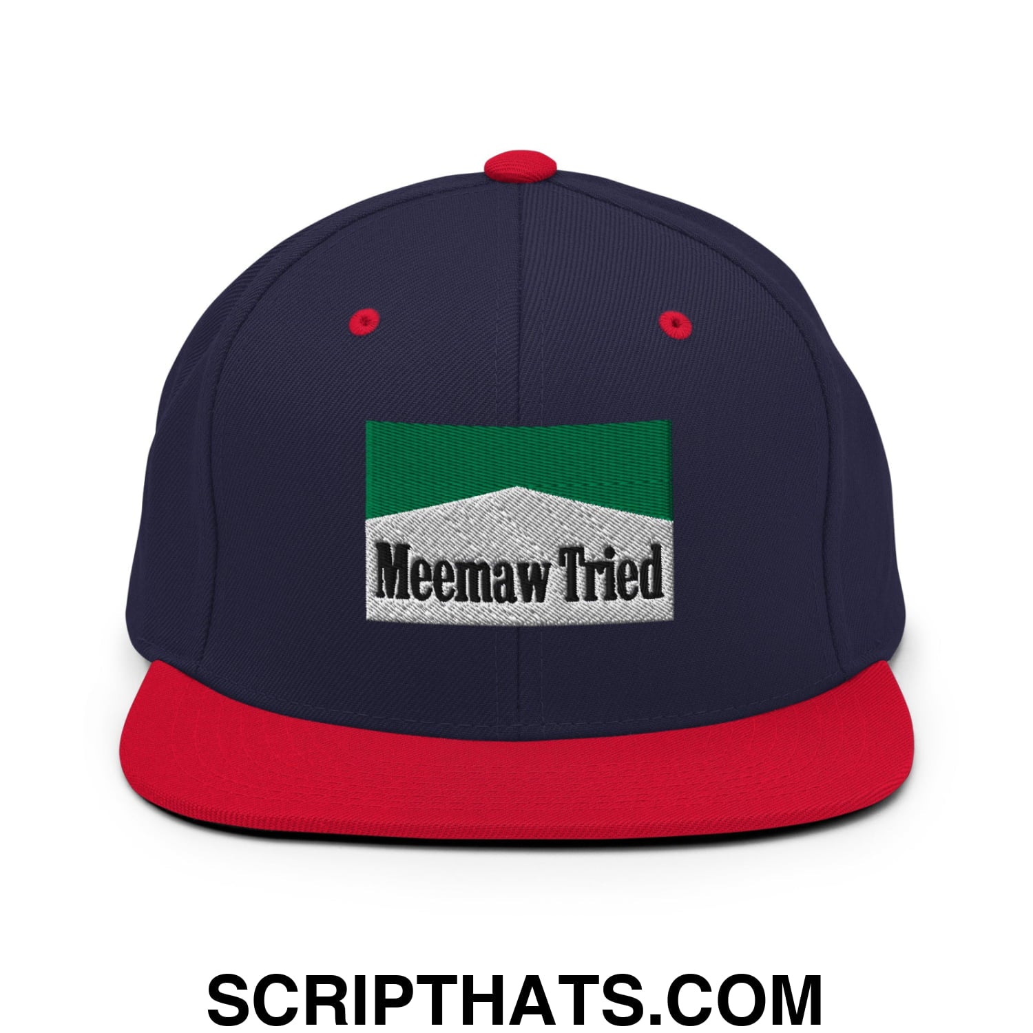 Meemaw Tried Cigarette Menthol Green Embroidered Flat Bill Brim Snapback Hat Navy Red