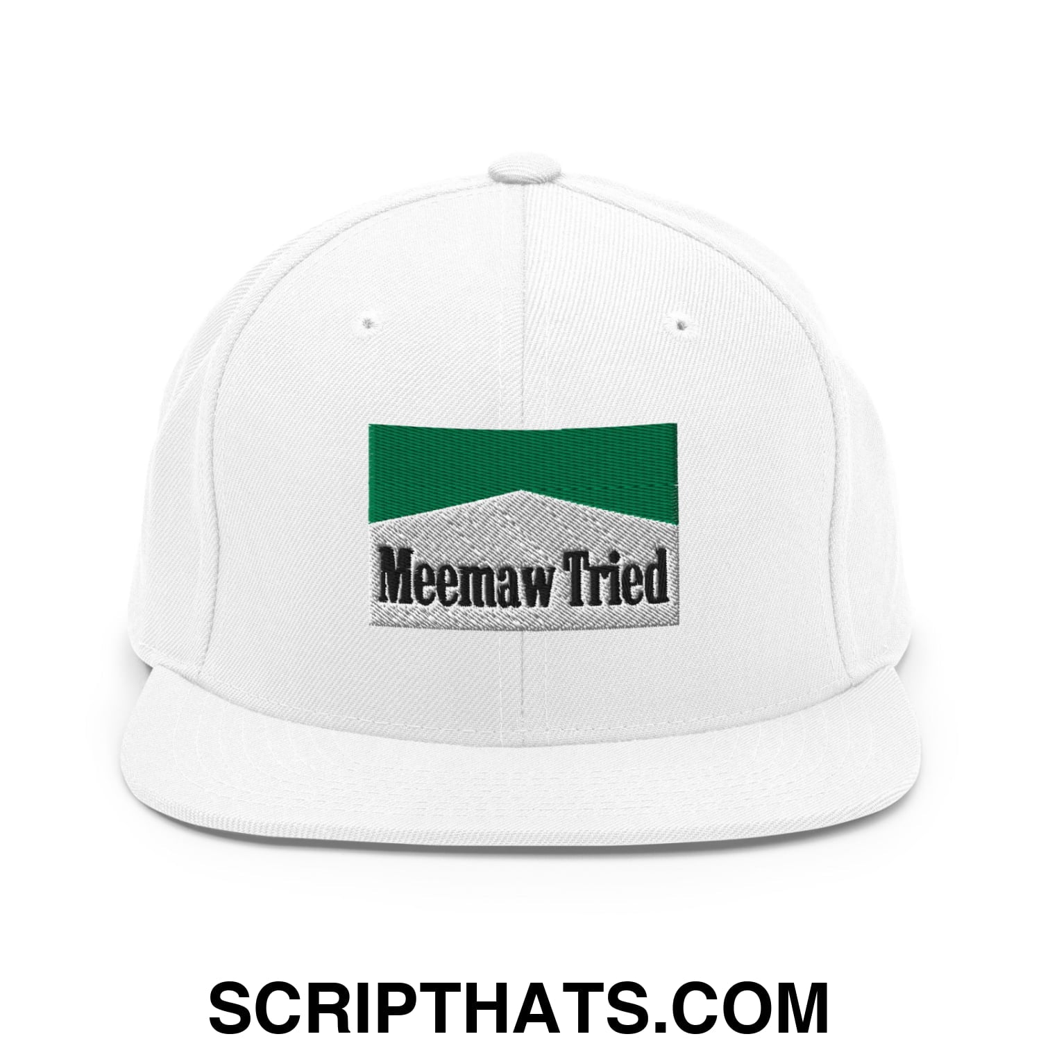 Meemaw Tried Cigarette Menthol Green Embroidered Flat Bill Brim Snapback Hat White