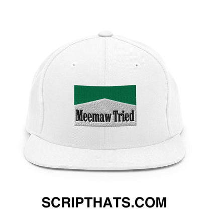 Meemaw Tried Cigarette Menthol Green Embroidered Flat Bill Brim Snapback Hat White