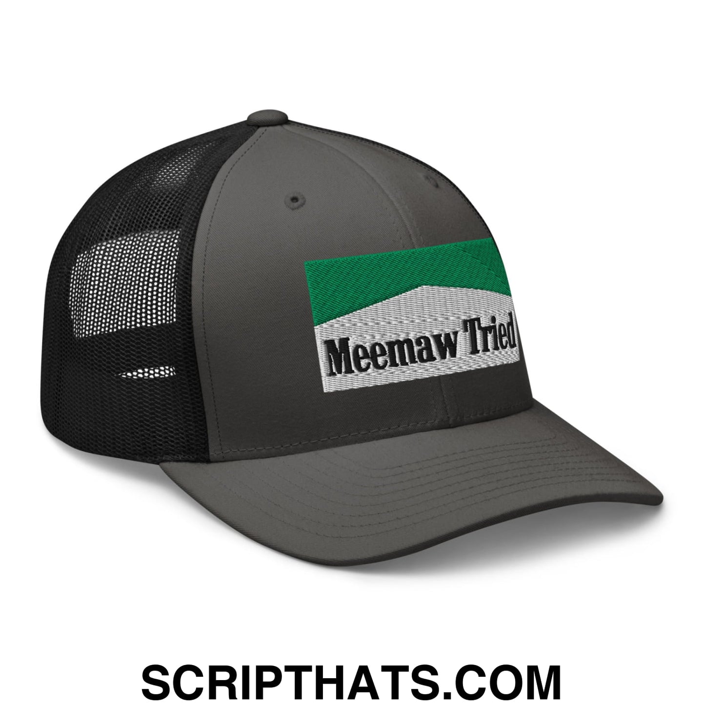 Meemaw Tried Cigarette Menthol Green Embroidered Mesh Trucker Hat Charcoal Black