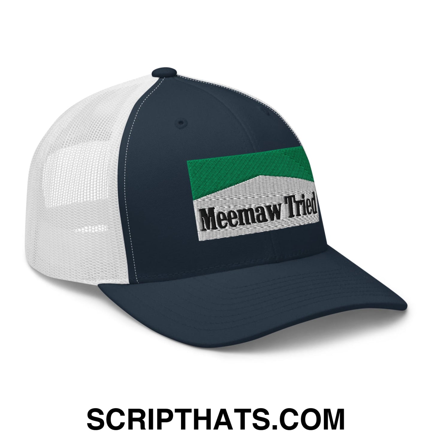 Meemaw Tried Cigarette Menthol Green Embroidered Mesh Trucker Hat Navy White