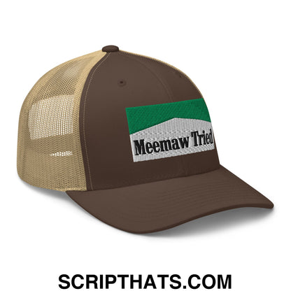 Meemaw Tried Cigarette Menthol Green Embroidered Mesh Trucker Hat Brown Khaki