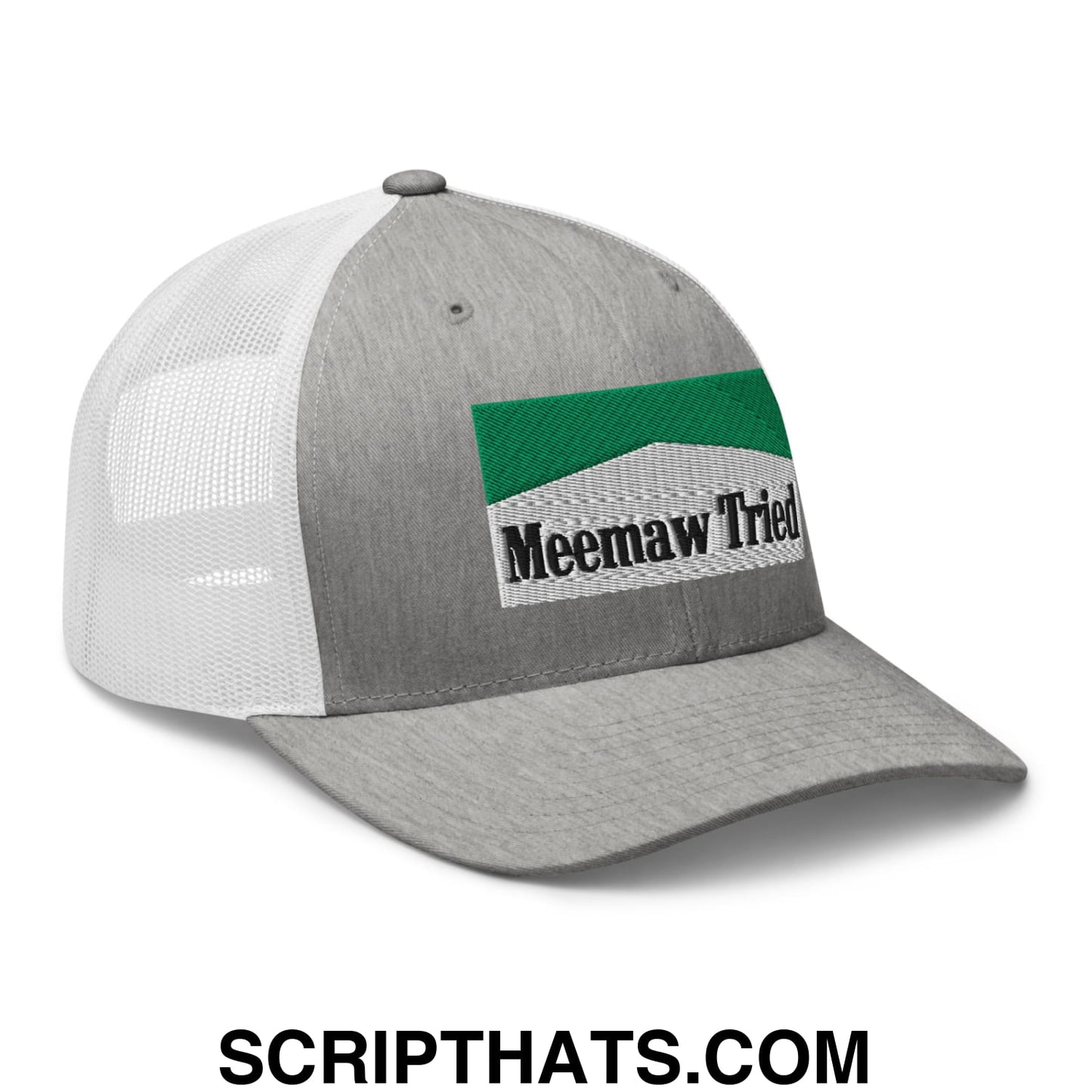 Meemaw Tried Cigarette Menthol Green Embroidered Mesh Trucker Hat Heather Grey White