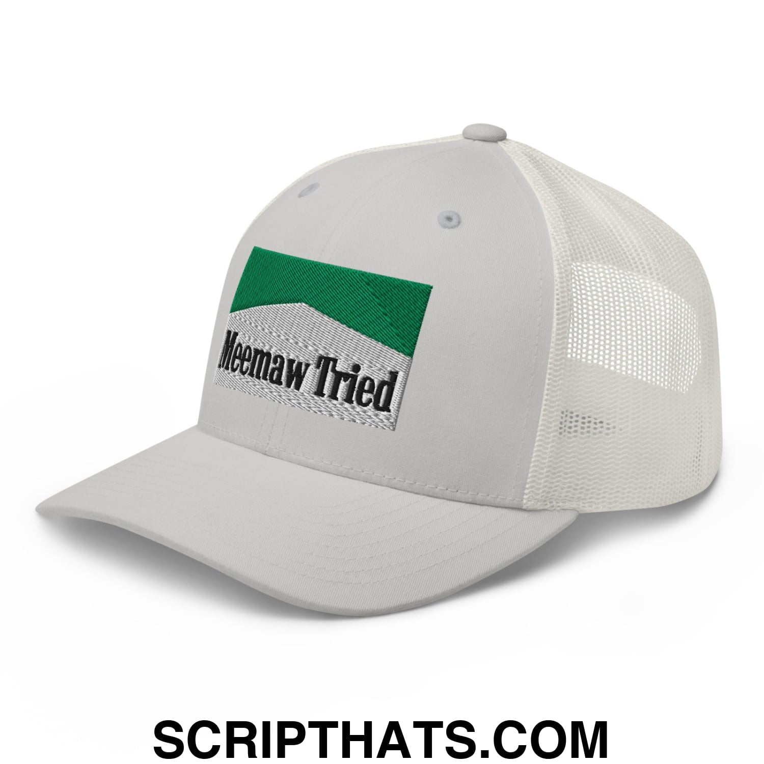 Meemaw Tried Cigarette Menthol Green Embroidered Mesh Trucker Hat Silver