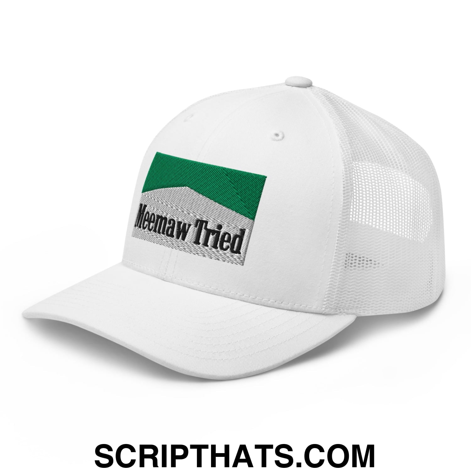 Meemaw Tried Cigarette Menthol Green Embroidered Mesh Trucker Hat White