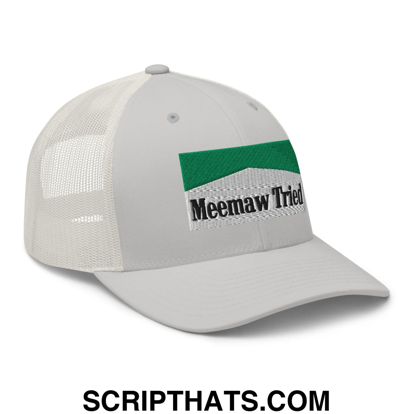 Meemaw Tried Cigarette Menthol Green Embroidered Mesh Trucker Hat Silver