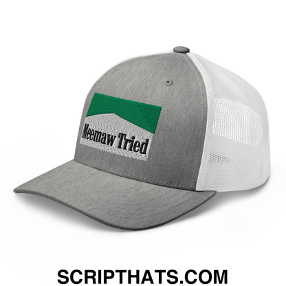 Meemaw Tried Cigarette Menthol Green Embroidered Mesh Trucker Hat Heather Grey White