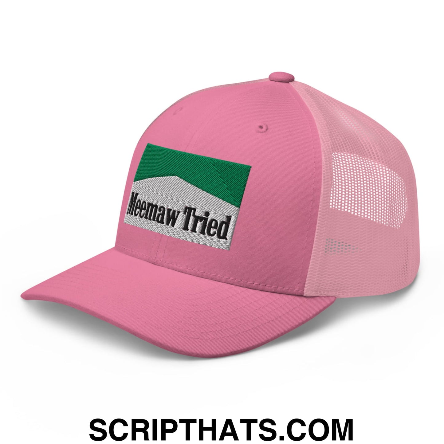Meemaw Tried Cigarette Menthol Green Embroidered Mesh Trucker Hat Pink