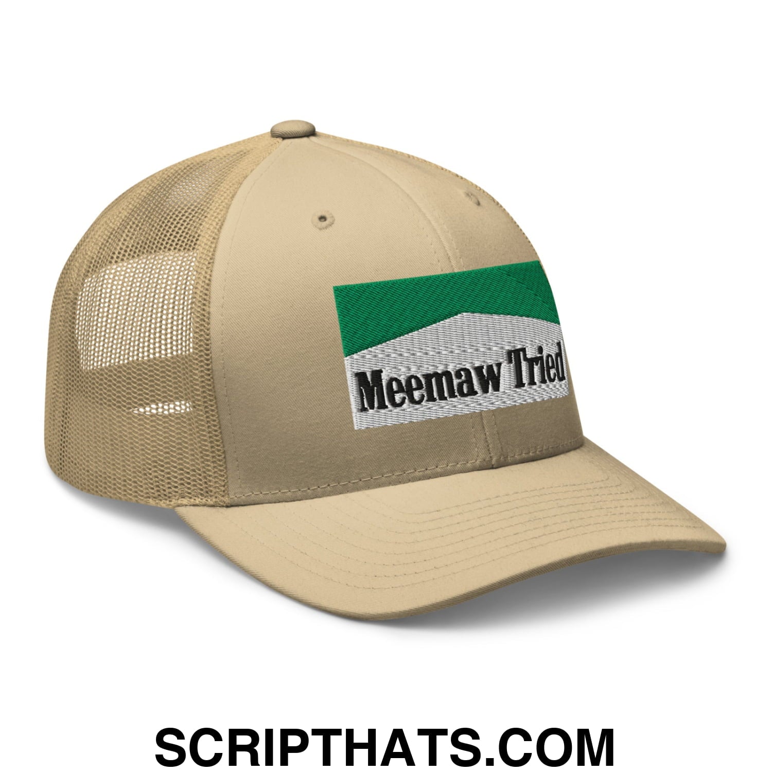 Meemaw Tried Cigarette Menthol Green Embroidered Mesh Trucker Hat Khaki