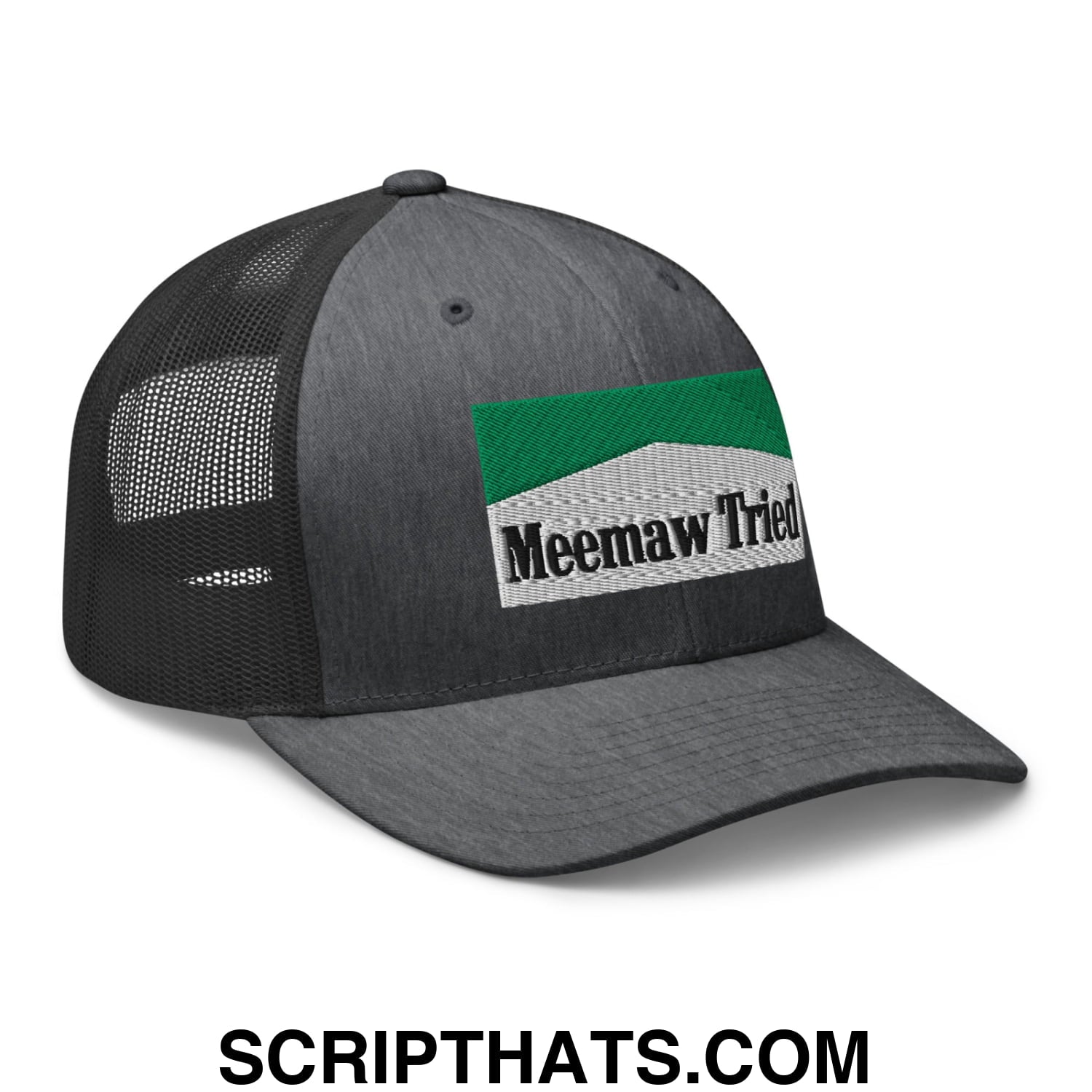 Meemaw Tried Cigarette Menthol Green Embroidered Mesh Trucker Hat Dark Heather Gray