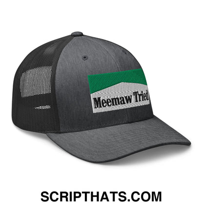 Meemaw Tried Cigarette Menthol Green Embroidered Mesh Trucker Hat Dark Heather Gray