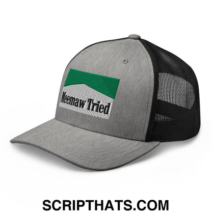 Meemaw Tried Cigarette Menthol Green Embroidered Mesh Trucker Hat Heather Black