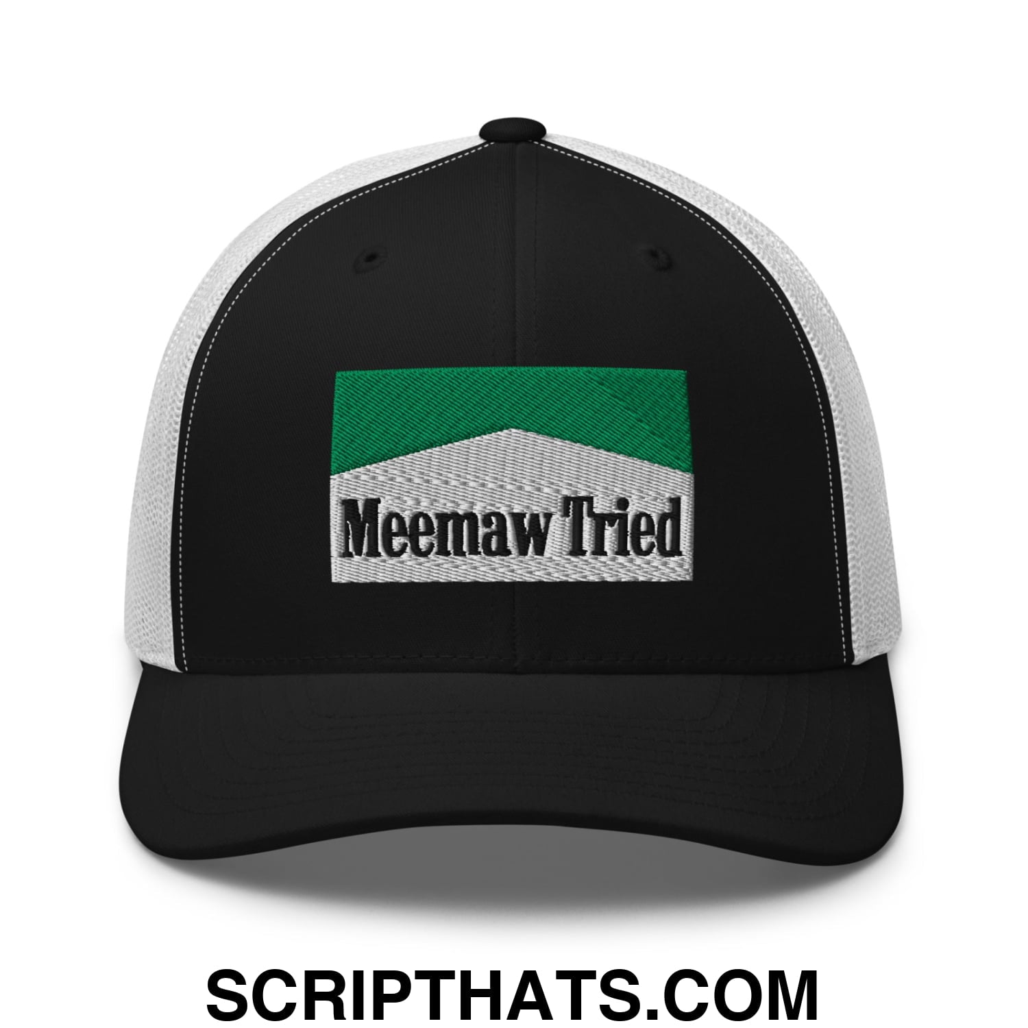 Meemaw Tried Cigarette Menthol Green Embroidered Mesh Trucker Hat Black White