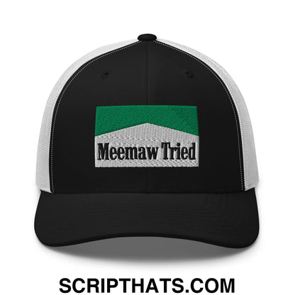 Meemaw Tried Cigarette Menthol Green Embroidered Mesh Trucker Hat Black White