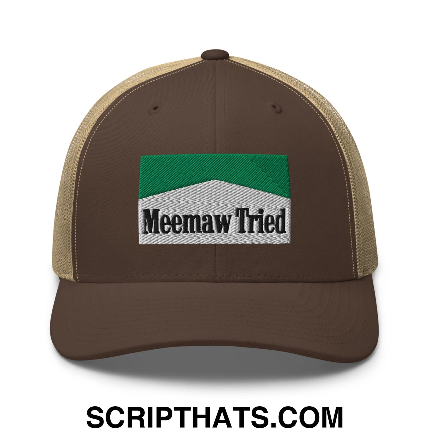 Meemaw Tried Cigarette Menthol Green Embroidered Mesh Trucker Hat Brown Khaki