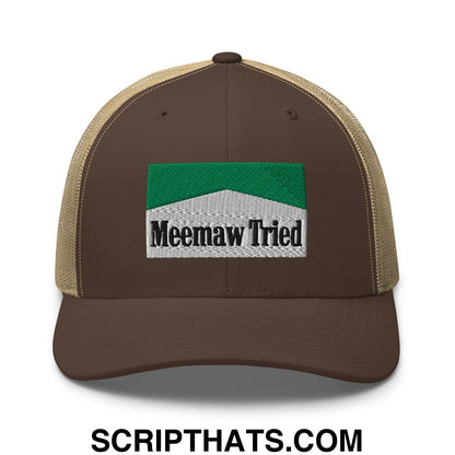 Meemaw Tried Cigarette Menthol Green Embroidered Mesh Trucker Hat Brown Khaki