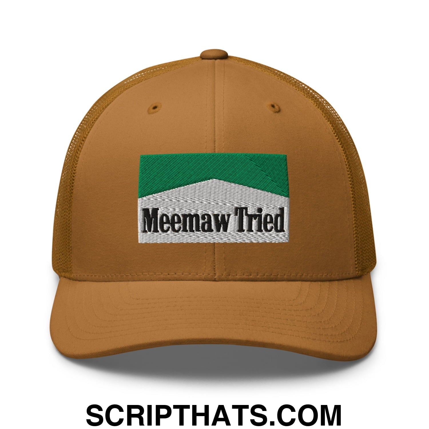 Meemaw Tried Cigarette Menthol Green Embroidered Mesh Trucker Hat Caramel