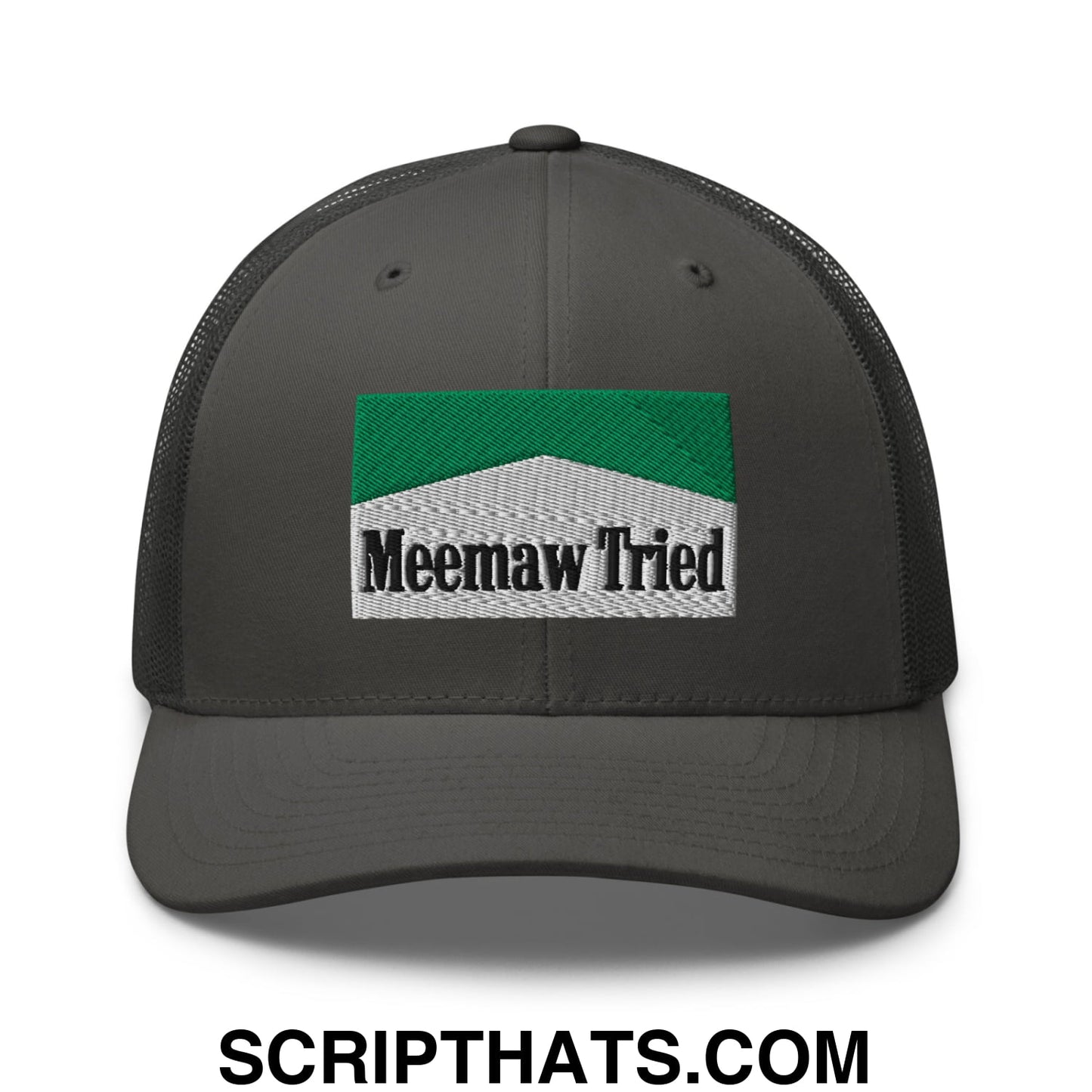 Meemaw Tried Cigarette Menthol Green Embroidered Mesh Trucker Hat Charcoal