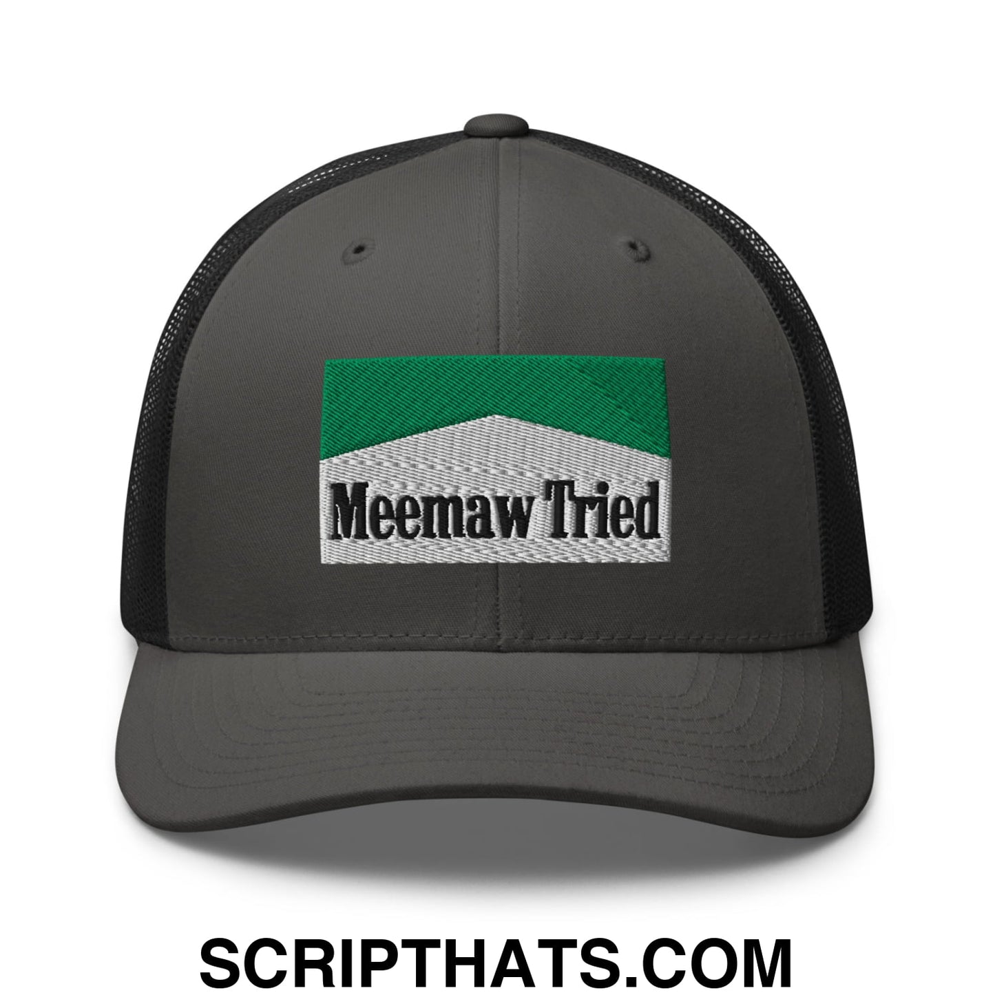 Meemaw Tried Cigarette Menthol Green Embroidered Mesh Trucker Hat Charcoal Black