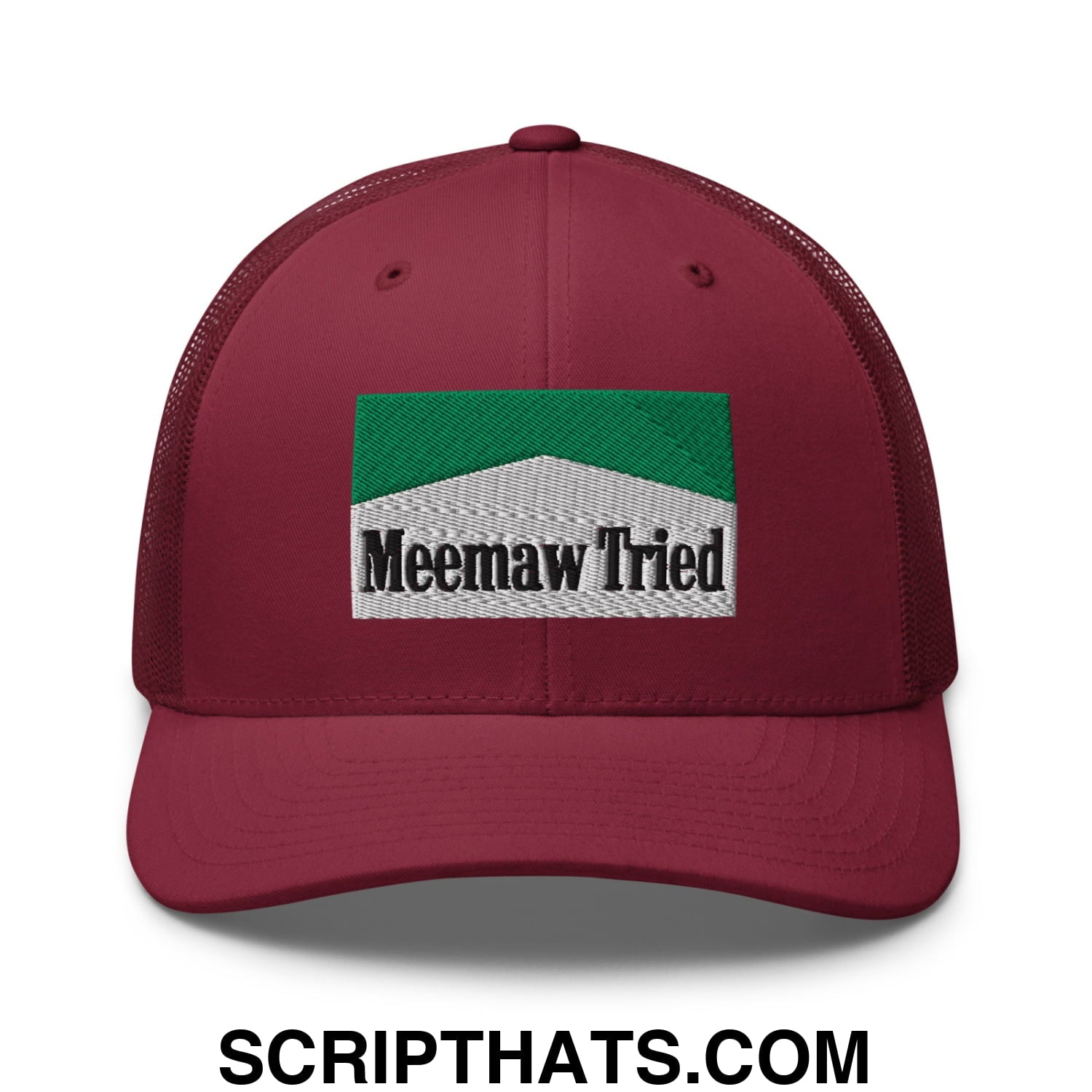 Meemaw Tried Cigarette Menthol Green Embroidered Mesh Trucker Hat Cranberry