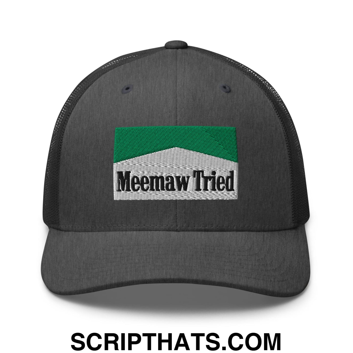 Meemaw Tried Cigarette Menthol Green Embroidered Mesh Trucker Hat Dark Heather Gray