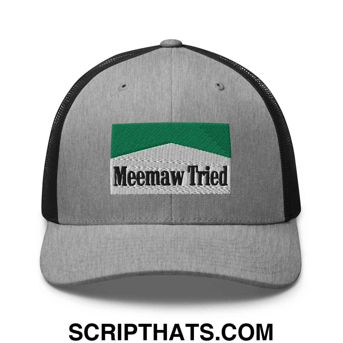 Meemaw Tried Cigarette Menthol Green Embroidered Mesh Trucker Hat Heather Black