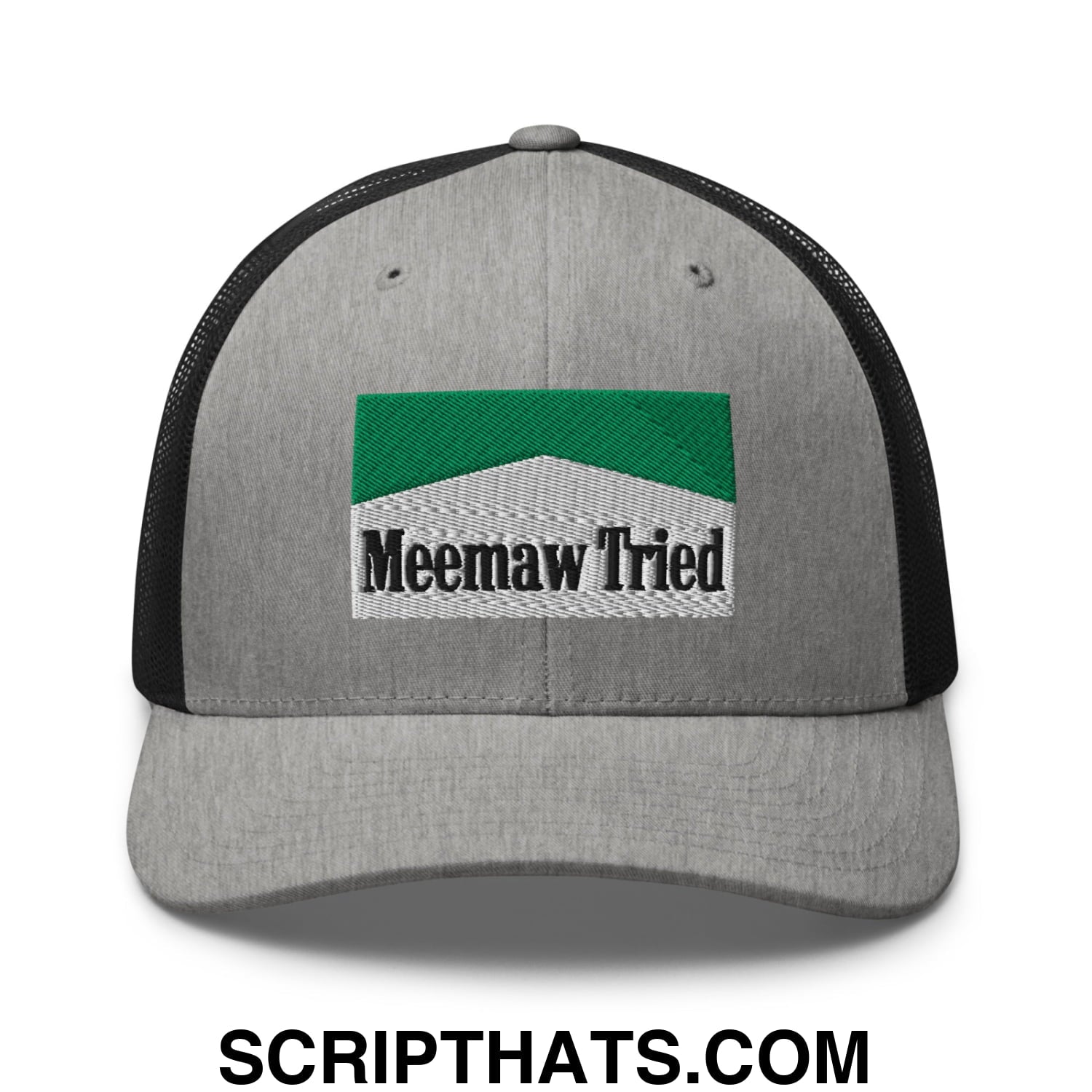 Meemaw Tried Cigarette Menthol Green Embroidered Mesh Trucker Hat Heather Black