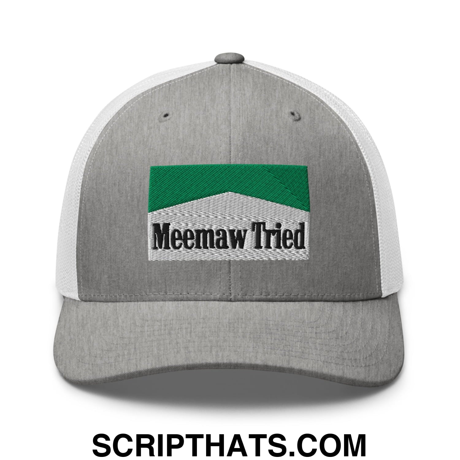 Meemaw Tried Cigarette Menthol Green Embroidered Mesh Trucker Hat Heather Grey White
