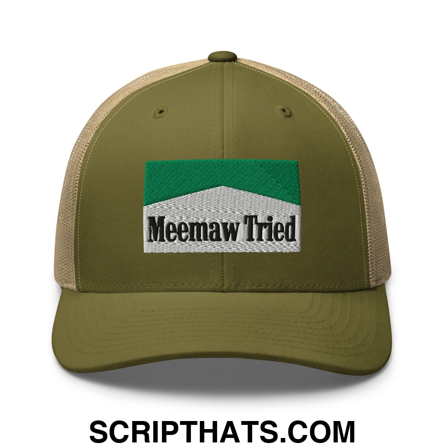 Meemaw Tried Cigarette Menthol Green Embroidered Mesh Trucker Hat Moss Khaki