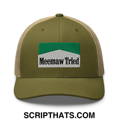 Meemaw Tried Cigarette Menthol Green Embroidered Mesh Trucker Hat Moss Khaki