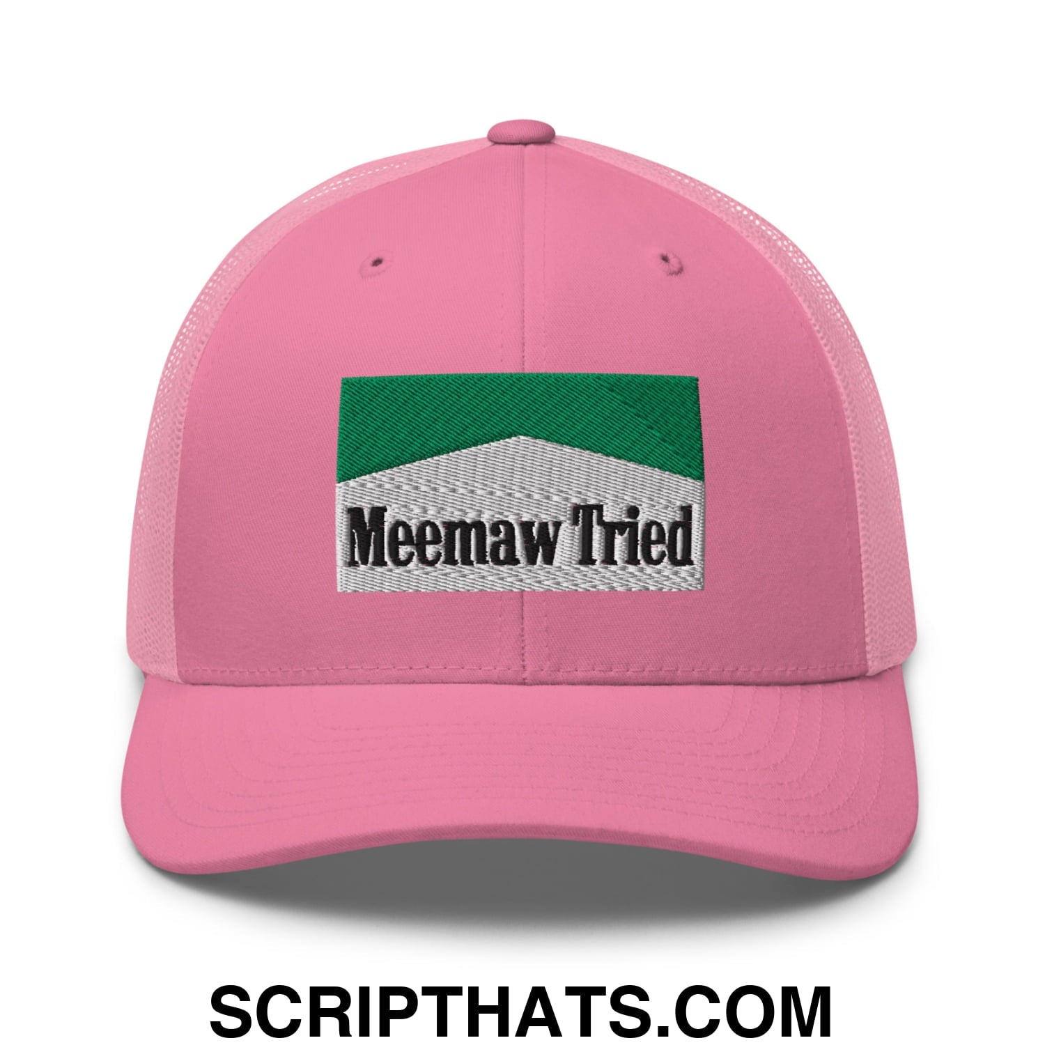 Meemaw Tried Cigarette Menthol Green Embroidered Mesh Trucker Hat Pink